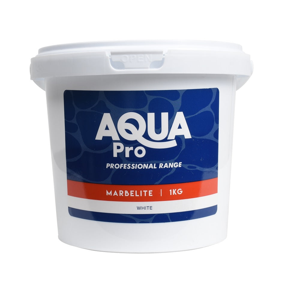 Aqua Pro Marbelite white 1kg pool finish compound in white plastic tub with blue and red label