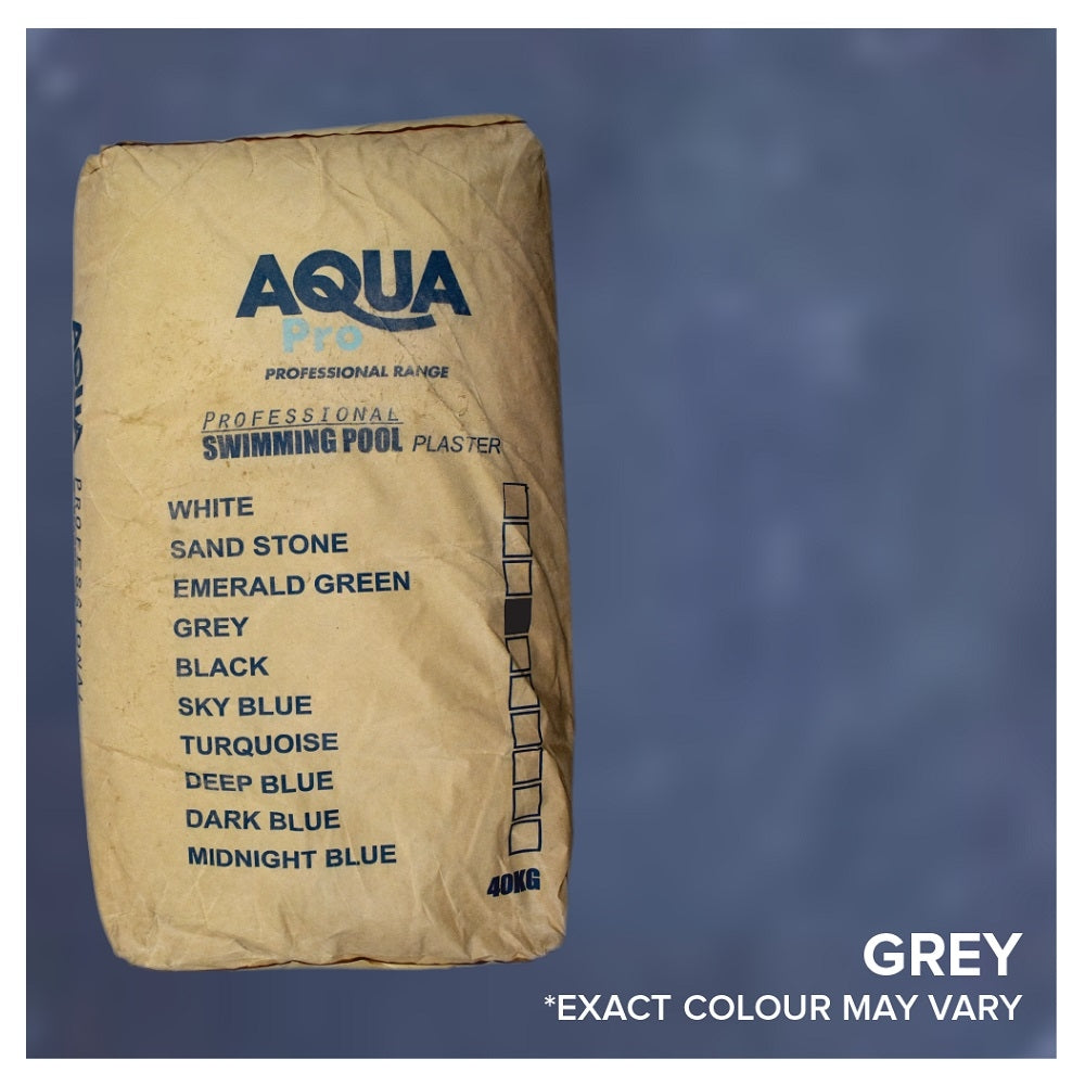 Aqua Pro 40kg grey swimming pool plaster in kraft paper bag with colour swatch chart on front