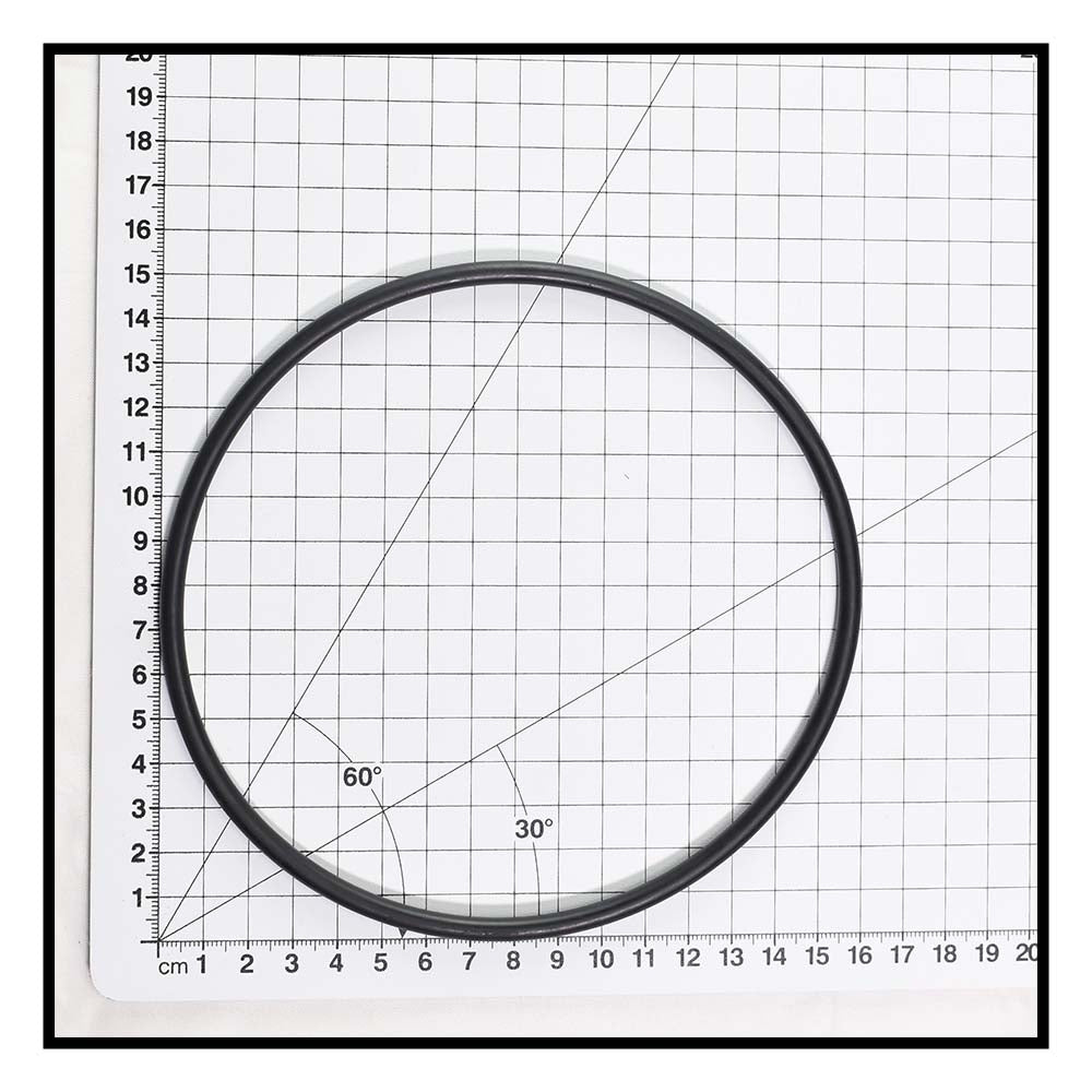 Black rubber O-ring approximately 13cm diameter shown on metric grid measuring mat for Eartheco and Quality Pump lid