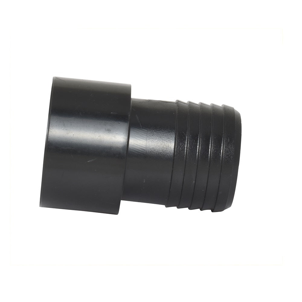 Black plastic pipe fitting with smooth socket end and ribbed barb end, 40mm poly to PVC adapter reducer coupling