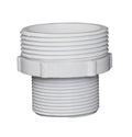 White PVC filter tank adaptor fitting with dual male threaded ends and hex grip flange