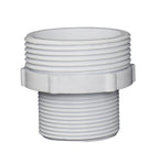 White PVC filter tank adaptor fitting with dual male threaded ends and hex grip flange