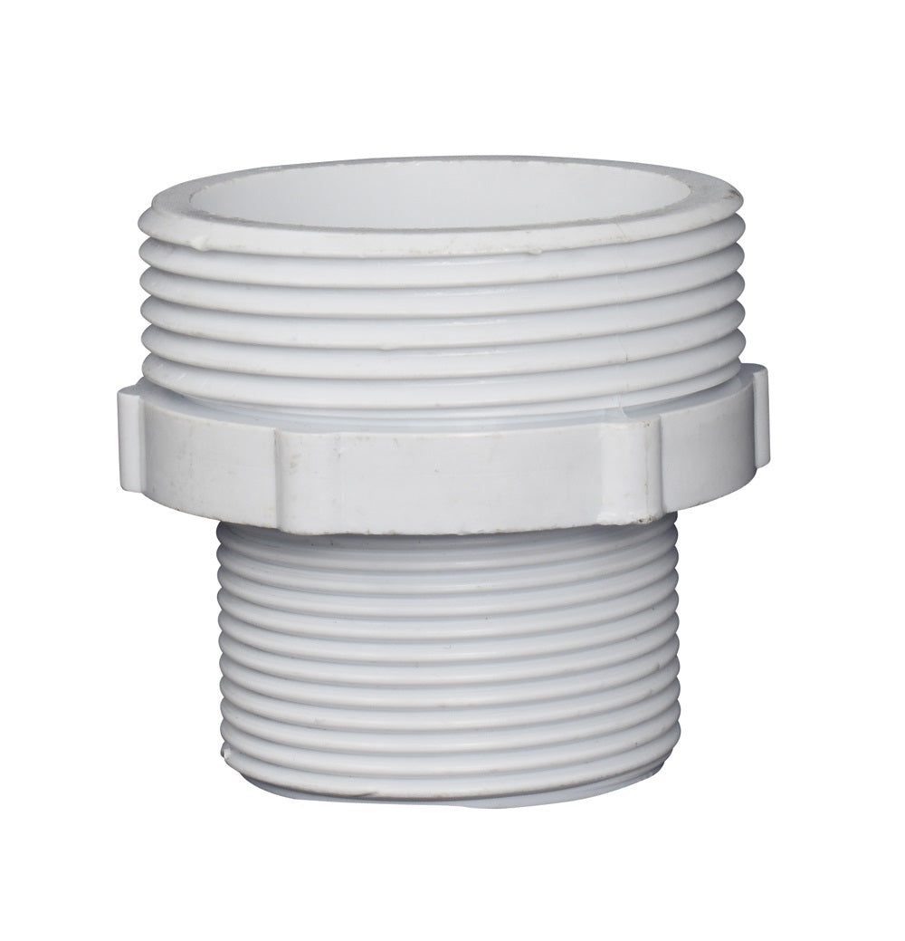 White PVC filter tank adaptor fitting with dual male threaded ends and hex grip flange