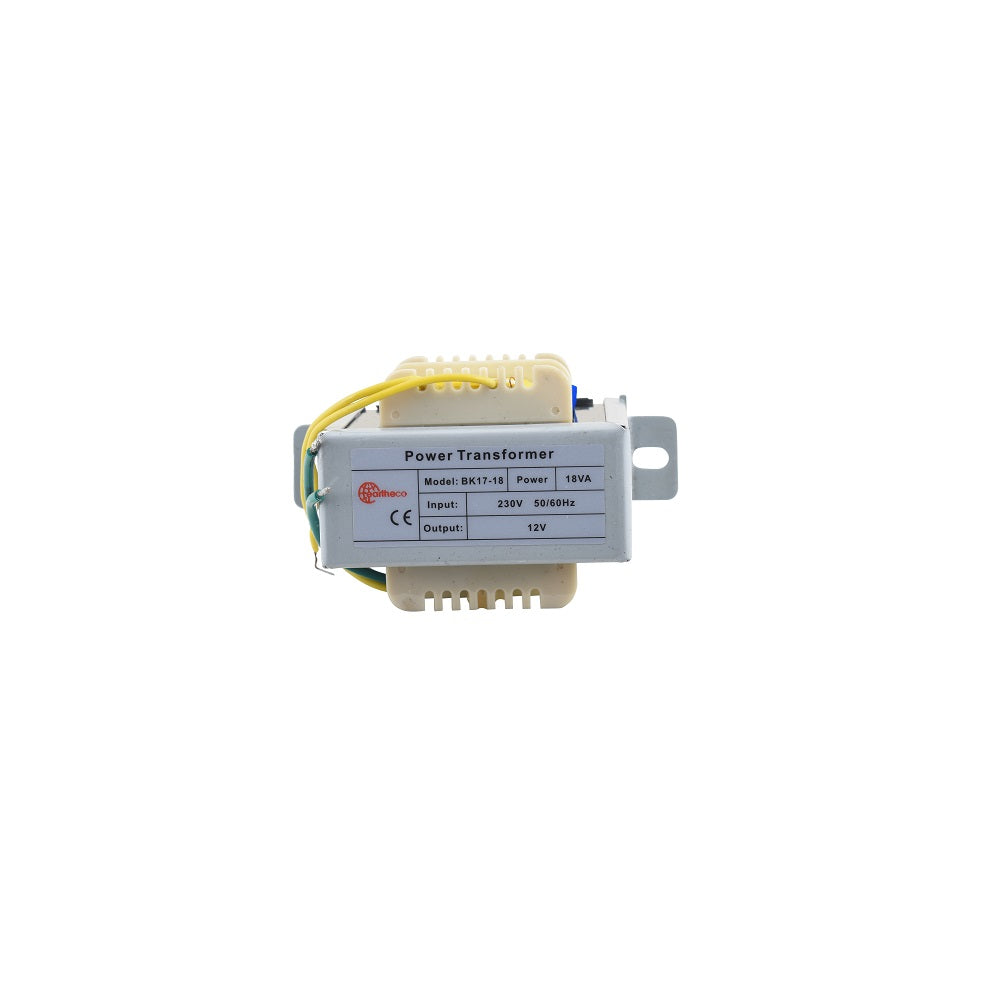 Aqua Pro Transformer 18VA model BK17-18, grey metal casing with yellow wires, 230V input 12V output, CE marked label visible