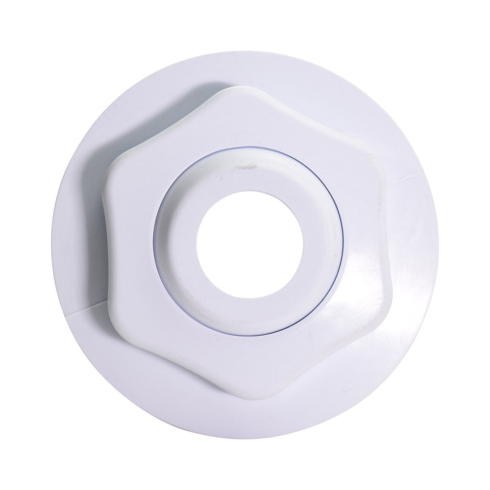 White plastic spa jet fitting with hexagonal nut surround and circular opening, mounted on round white flange plate