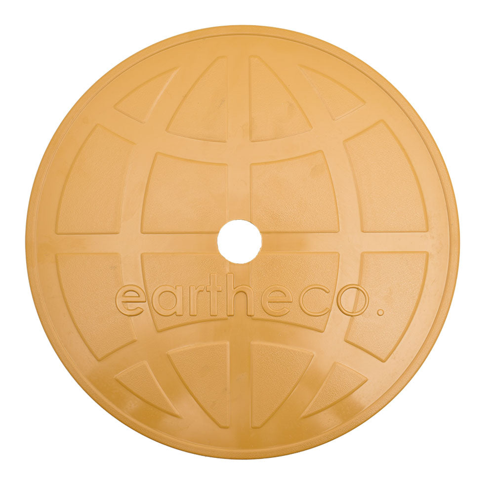 Swimquip deck lid in tan plastic with embossed globe pattern, central hole, and Eartheco branding