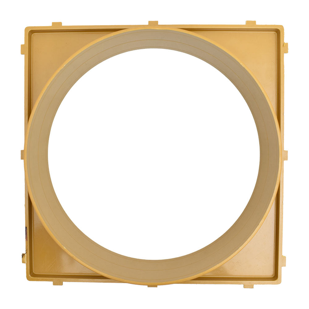 Swimquip deck collar in tan plastic with square frame, circular opening, and clip tabs on all four sides