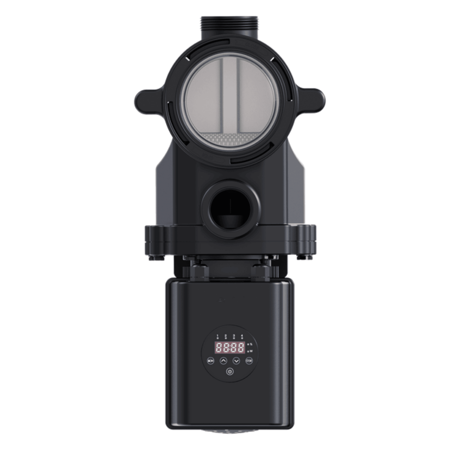 Aquagem InverEco Pool Pump 1.0kw 220v in matte black with transparent strainer basket lid and red LED digital display panel