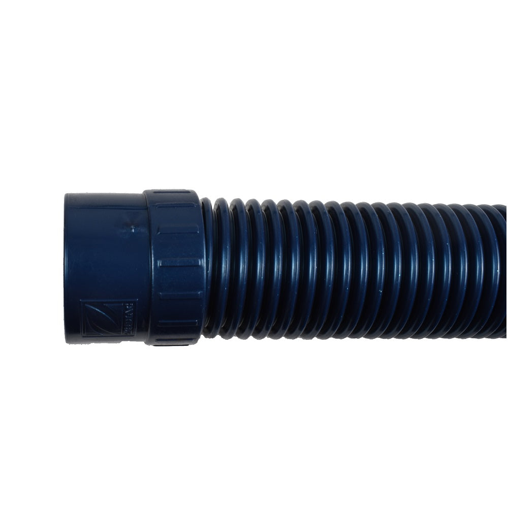 Navy blue flexible corrugated pool cleaner hose with threaded plastic cuff connector fitting by Zodiac