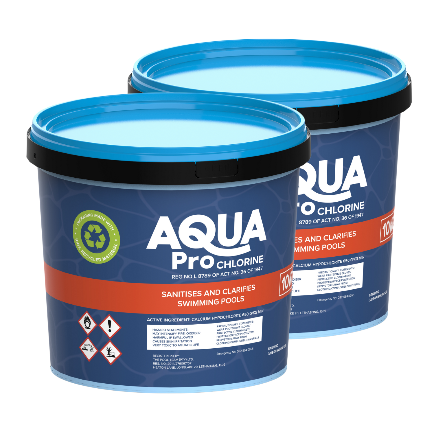 Two Aqua Pro Chlorine 10kg buckets in navy blue with bright blue lids, calcium hypochlorite pool sanitiser, shown on white background