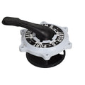Jetco 6-way 5-port multiport valve with white plastic body, black rotary dial and lever handle for pool sand filters