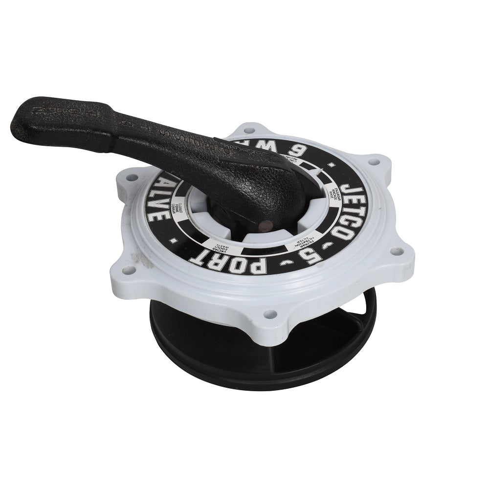 Jetco 6-way 5-port multiport valve with white plastic body, black rotary dial and lever handle for pool sand filters