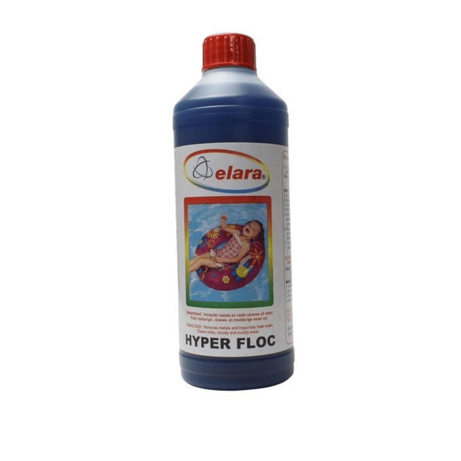 Elara Hyper Floc pool water clarifier 500ml blue plastic bottle with red screw cap and white label