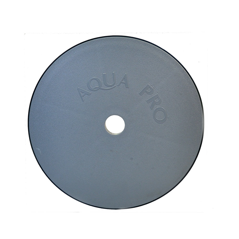 Aqua Pro grey round plastic weir deck lid with centre hole and embossed brand logo