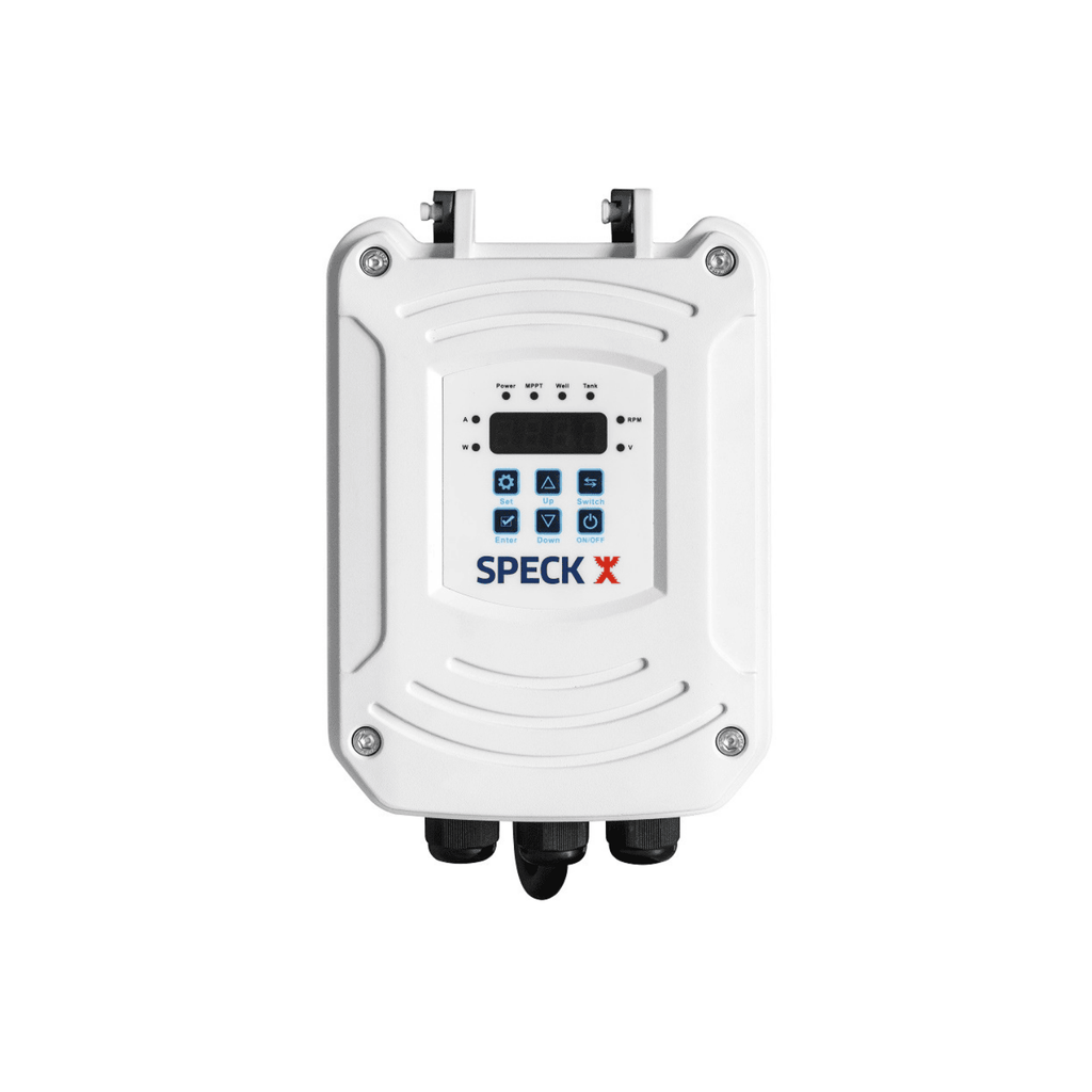 Speck Badu Solar Smart pump controller, white weatherproof enclosure with digital display, six blue control buttons, and three cable glands at base