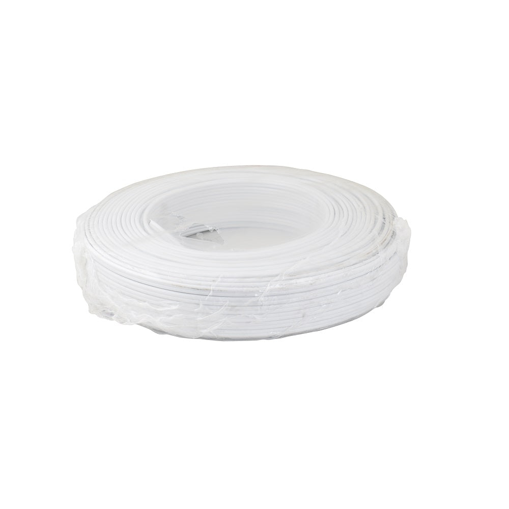 Large coil of Voltex Twin & Earth 1.5mm flat cable in white, partially wrapped in clear plastic, on white background