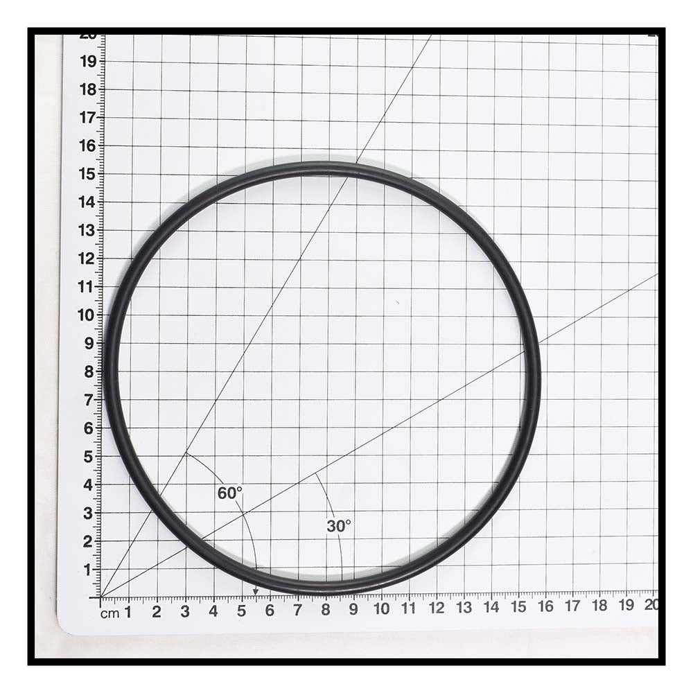 Black rubber O-ring seal approximately 13cm diameter shown on centimetre grid mat for Eartheco Quality Filter lid