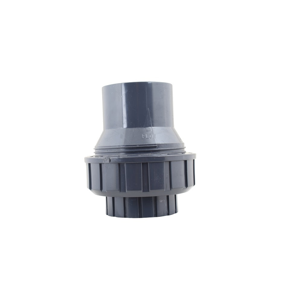 Grey PVC non-return check valve 63mm with ribbed union nut and flow direction marking on socket end