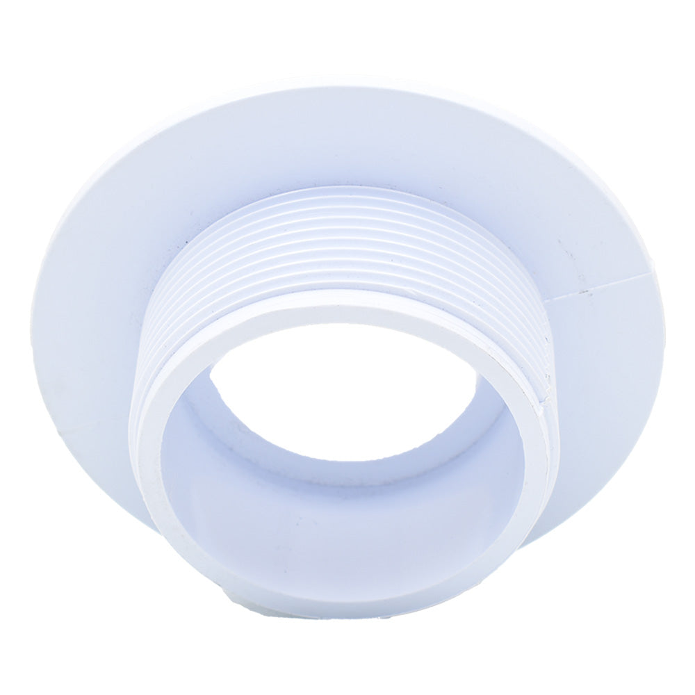 White plastic pipe flange with wide flat rim and coarse external threading on cylindrical neck, hollow centre opening