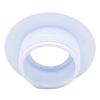 White plastic pipe flange with wide flat rim and coarse external threading on cylindrical neck, hollow centre opening