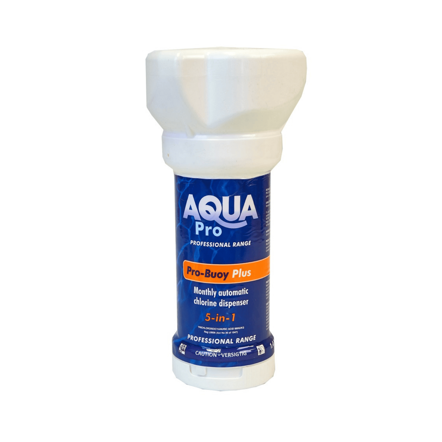 Aqua Pro Pro-Buoy Plus 5-in-1 white plastic monthly automatic chlorine dispenser floater with blue and orange label
