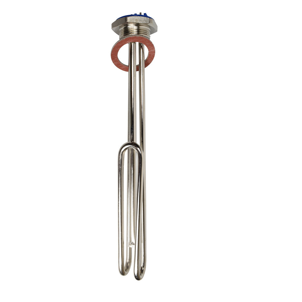 Stainless steel 4kW immersion heater element with threaded fitting, blue terminal cap and red copper gasket washer