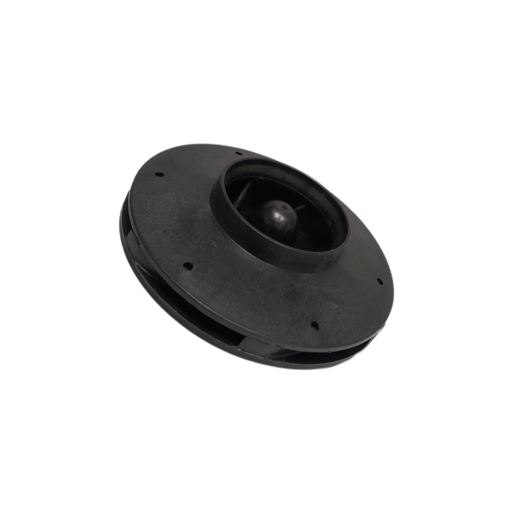 Black plastic Qaulity Swimflo 2 Pump Impeller 0.75kw, angled view showing curved vanes and central hub on white background