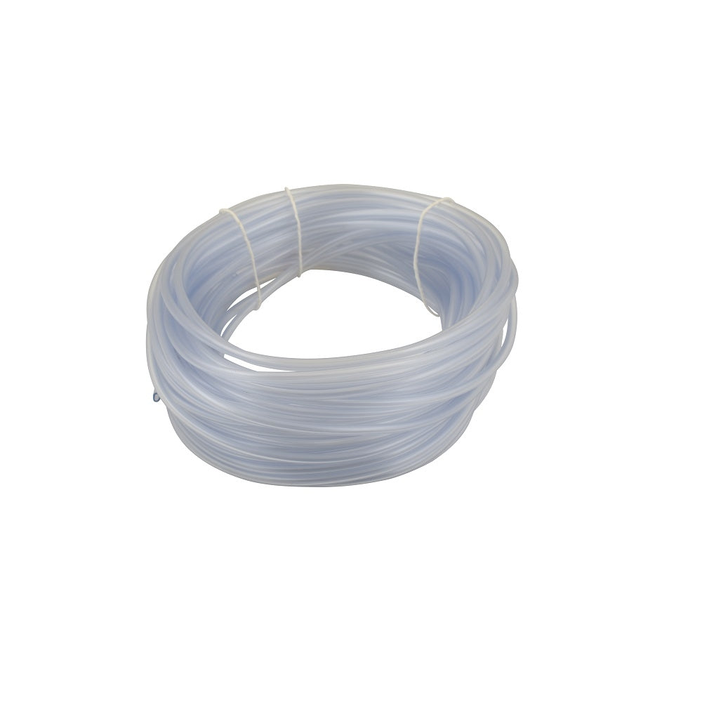 Clear flexible plastic tubing coiled roll, 3mm diameter, translucent PVC air pipe for spa and jacuzzi systems, bound with white ties