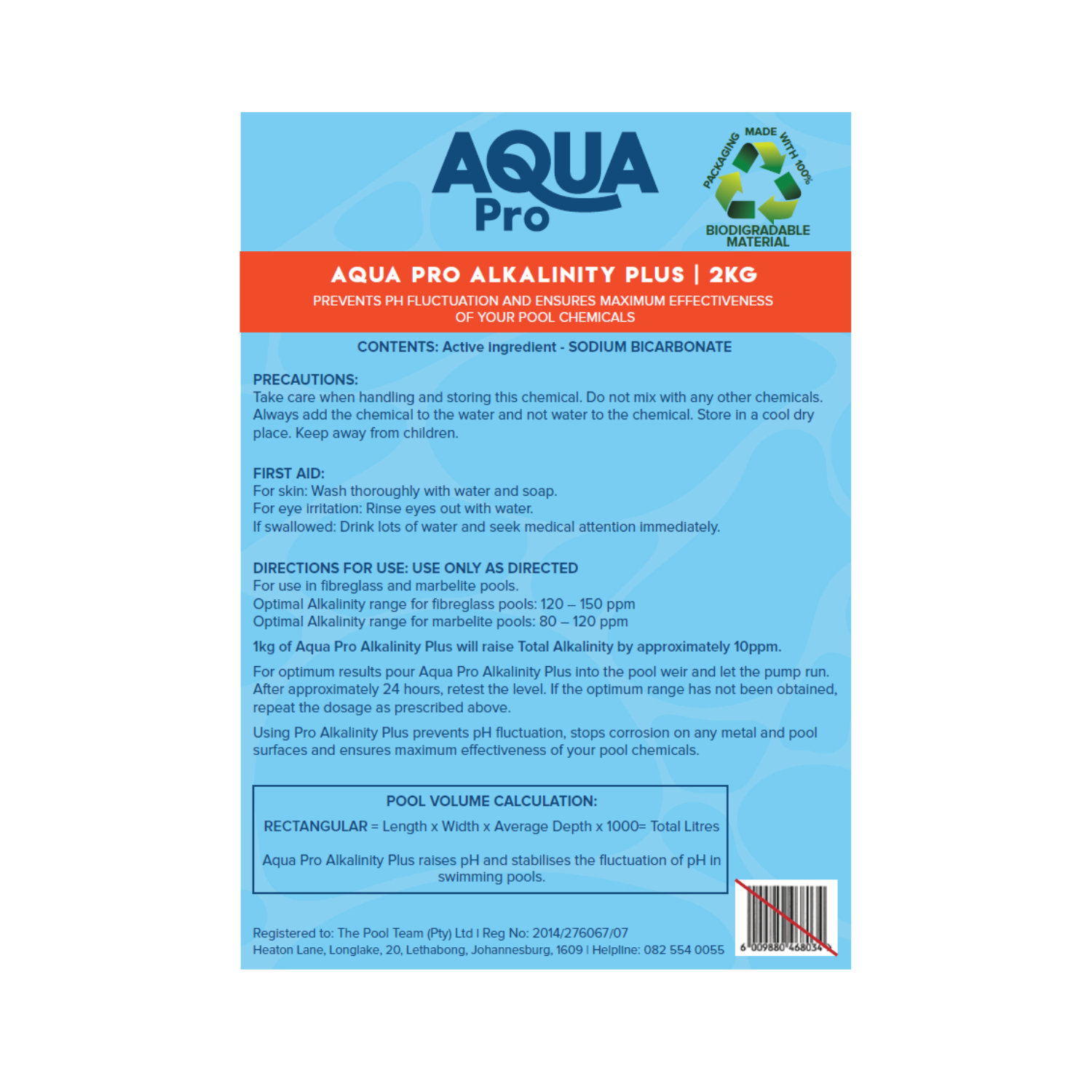 Aqua Pro Alkalinity Plus 2kg pool chemical back label showing sodium bicarbonate ingredients, usage directions, and biodegradable packaging badge