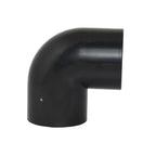 Black PVC 90-degree elbow pipe fitting with smooth curved bend and twin open socket ends, 50mm diameter