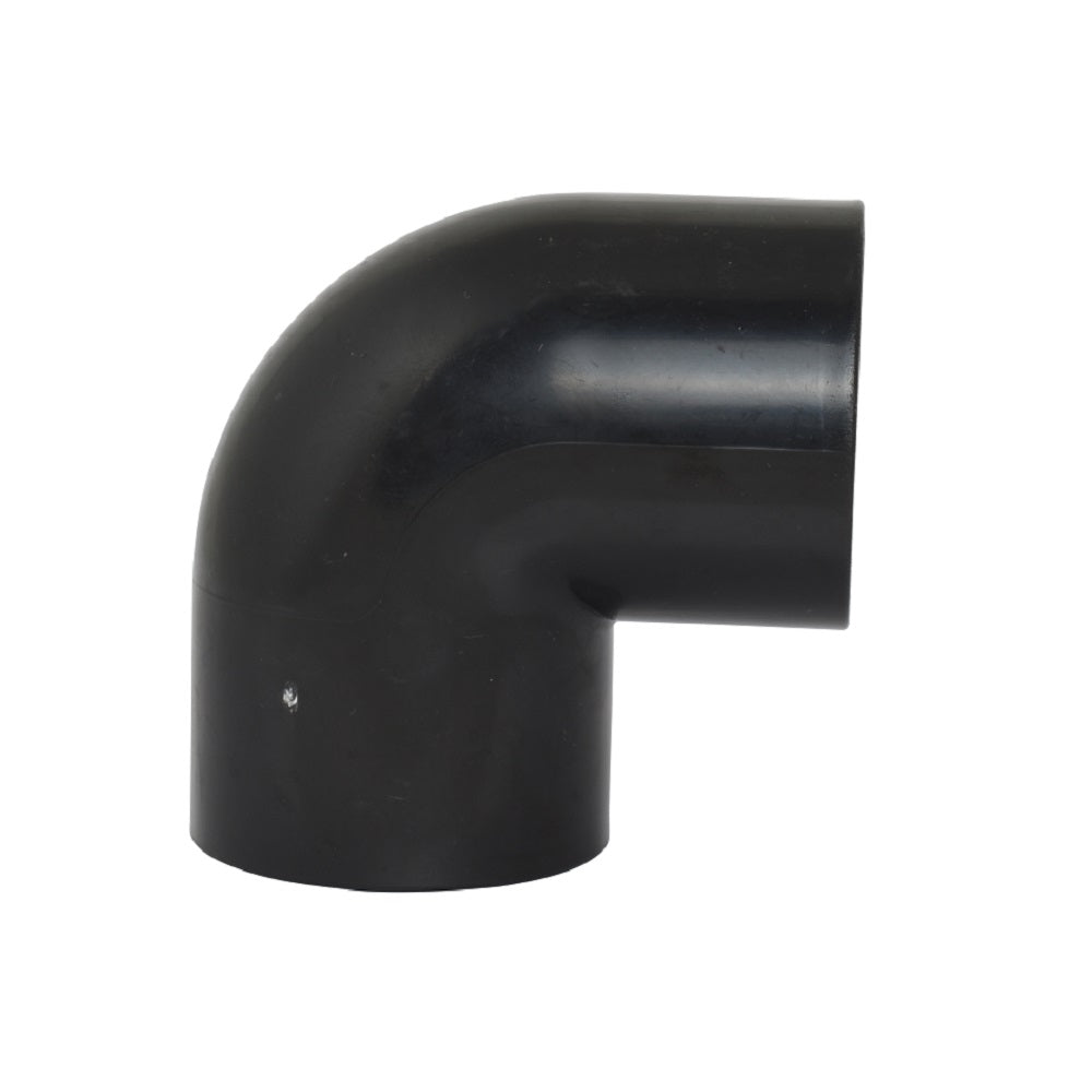 Black PVC 90-degree elbow pipe fitting with smooth curved bend and twin open socket ends, 50mm diameter