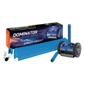 Kreepy Krauly Dominator Pro pool cleaner with blue hose, cleaner unit, and fittings displayed beside retail box on white background