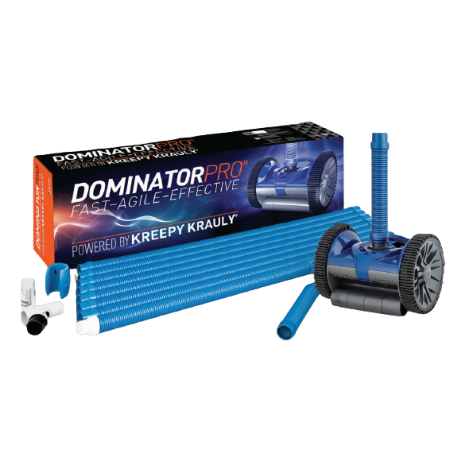 Kreepy Krauly Dominator Pro pool cleaner with blue hose, cleaner unit, and fittings displayed beside retail box on white background