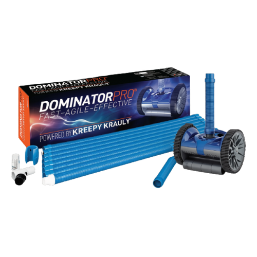 Kreepy Krauly Dominator Pro pool cleaner with blue hose, cleaner unit, and fittings displayed beside retail box on white background