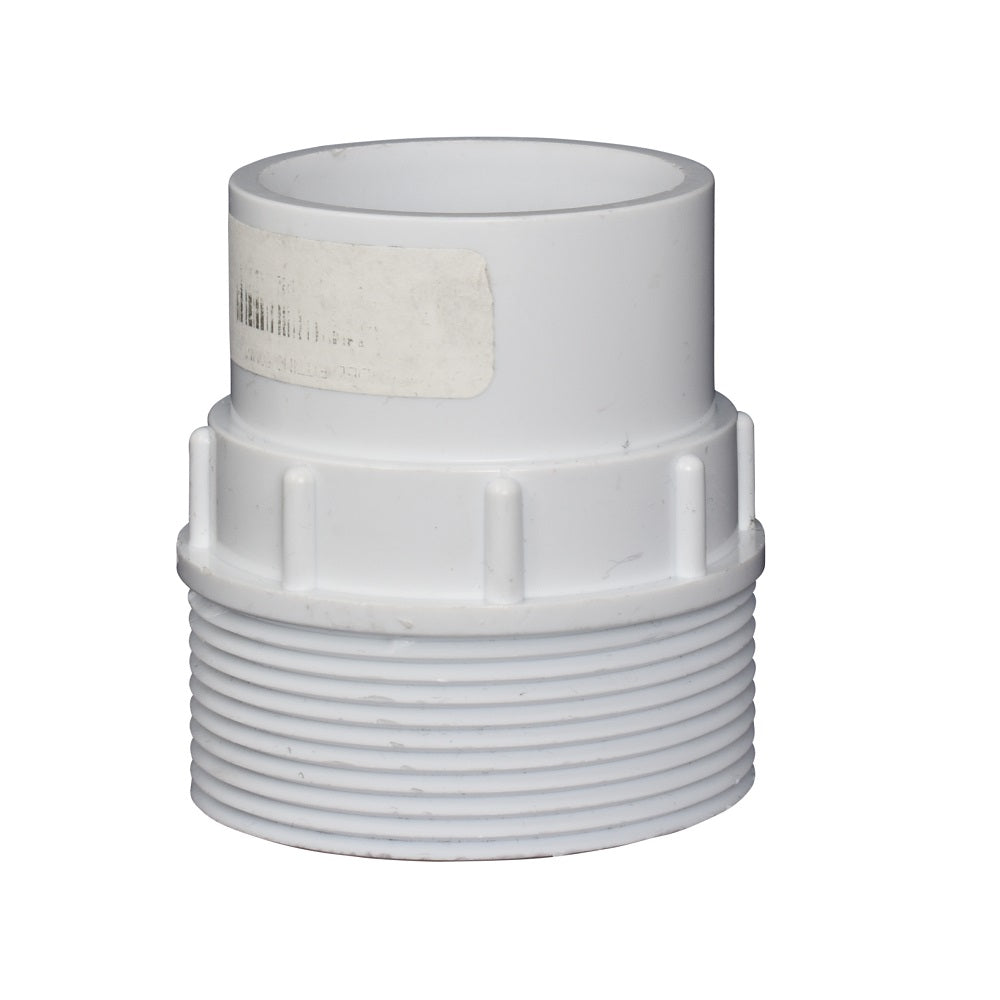 White PVC male adaptor fitting with external threaded base and smooth slip socket top, 50mm