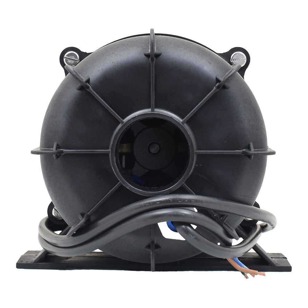 Black 1000W 2-stage blower motor with circular housing, radial ribbing, mounting base, and exposed electrical wiring leads