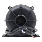 Black 1000W 2-stage blower motor with circular housing, radial ribbing, mounting base, and exposed electrical wiring leads