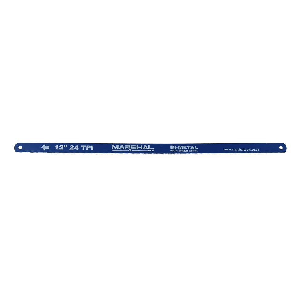 Marshal bi-metal high speed steel hacksaw blade, blue, 12 inch 24 TPI, with mounting holes at each end