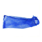 Blue mesh drawstring replacement pool skimmer bag, elongated rectangular shape with gathered drawstring closure end