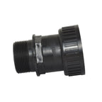 Black plastic pipe union fitting with male threaded end and ribbed lock nut collar for Speck Aquaswim pool filter connection