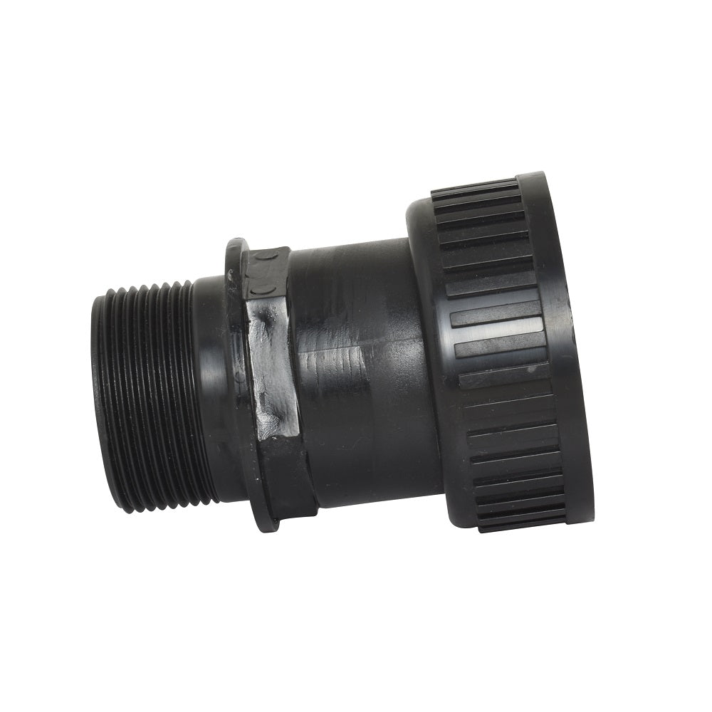Black plastic pipe union fitting with male threaded end and ribbed lock nut collar for Speck Aquaswim pool filter connection