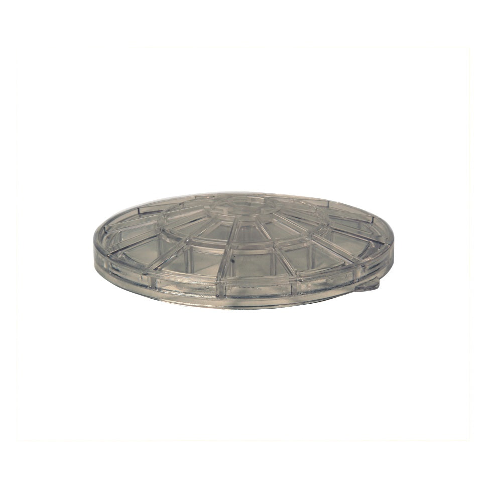 Round clear smoke-tinted plastic pump lid with segmented radial ribbed dome design and side latch clip