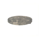 Round clear smoke-tinted plastic pump lid with segmented radial ribbed dome design and side latch clip