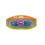 Zoggs Super Seal Junior kids swim goggles pink frame with blue tinted lenses in orange and green retail packaging