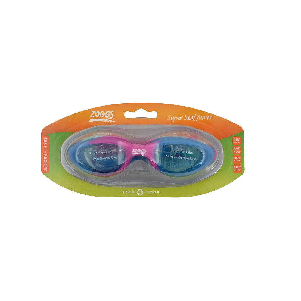 Zoggs Super Seal Junior kids swim goggles pink frame with blue tinted lenses in orange and green retail packaging