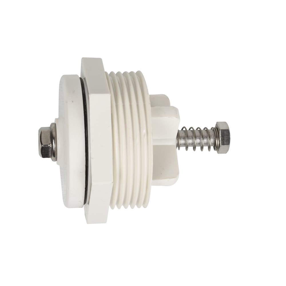 White plastic hydrostatic heating valve with threaded body, metal spring, hex bolt and rubber O-ring seal