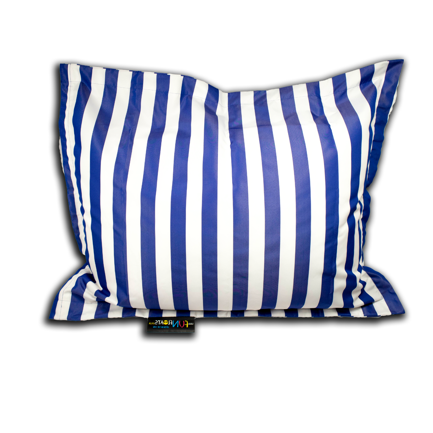Large square bean bag–style pool pillow by Aqua Pro in bold blue and white vertical stripes, with a small branded label at the base