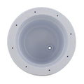Round white plastic ceiling light body with wide flanged rim, central mounting hole, and perimeter screw holes, viewed from below