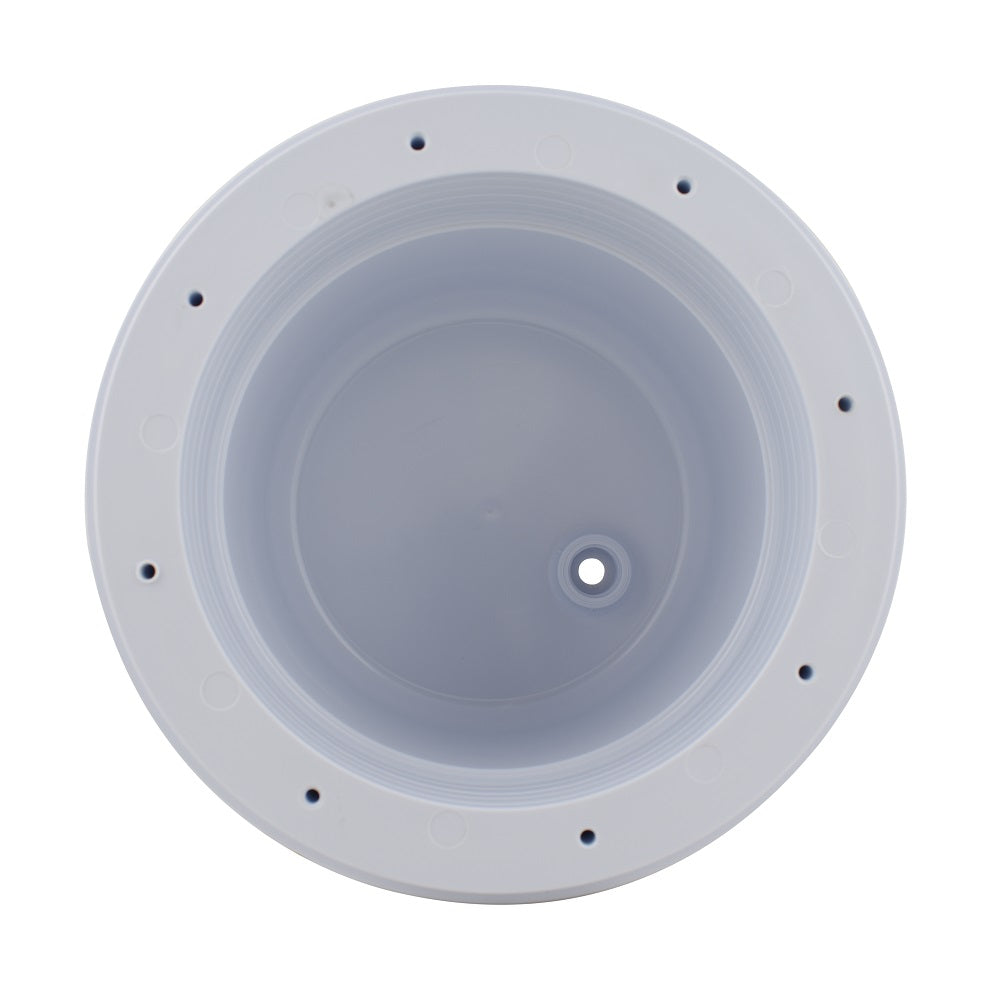 Round white plastic ceiling light body with wide flanged rim, central mounting hole, and perimeter screw holes, viewed from below