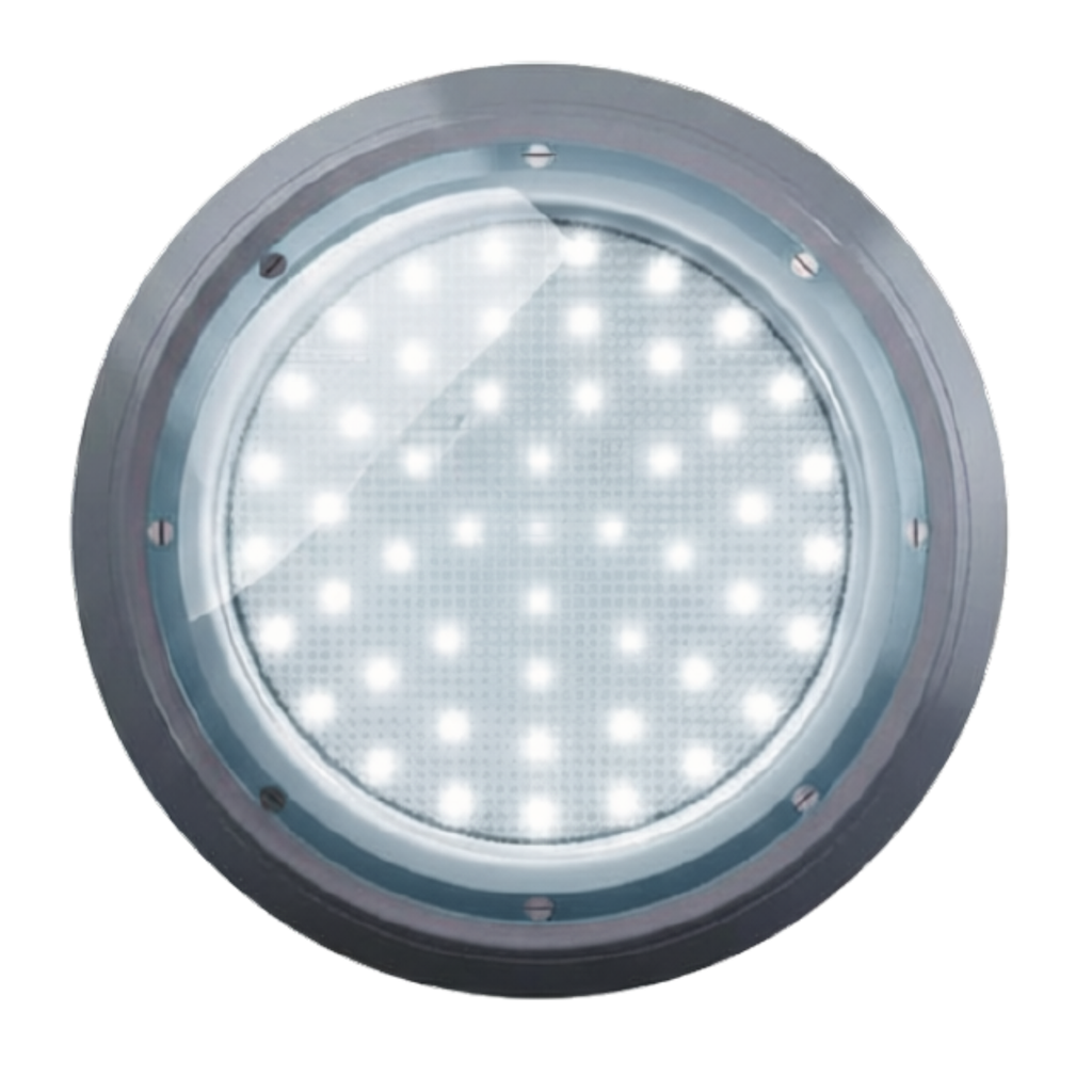 Round IPP LED White Retro Fit Replacement Light with chrome ring, glass lens, and visible white LED array